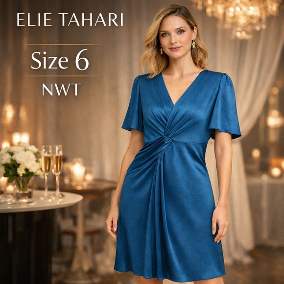 Elie Tahari Silvana Fountain Blue Twist Front Knee Length Cocktail Dress Size 6